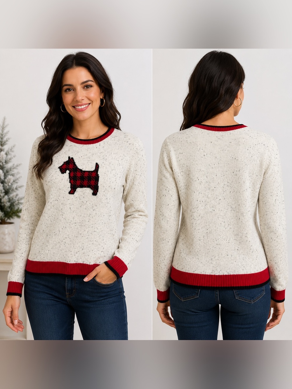 Charter Club Scottie Dog Sweater Women’s Large Ivory Red Buffalo Plaid Knit